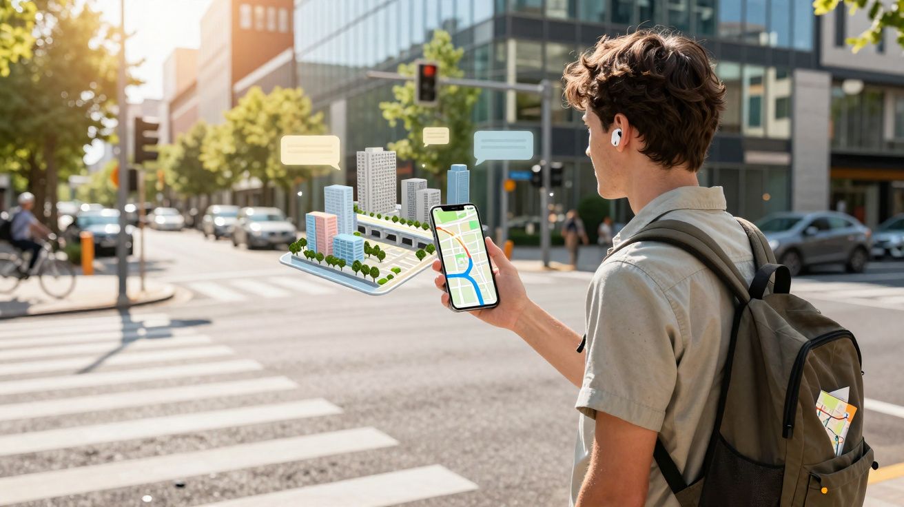 Jovem com mochila usa celular com mapa digital e realidade aumentada em cruzamento urbano movimentado.