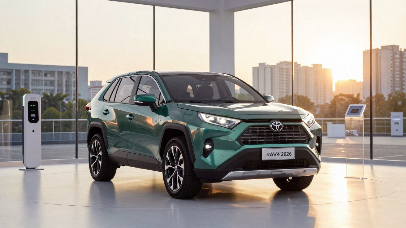 Toyota RAV4 2026 verde mostrado em ambiente moderno com painéis de vidro ao pôr do sol.