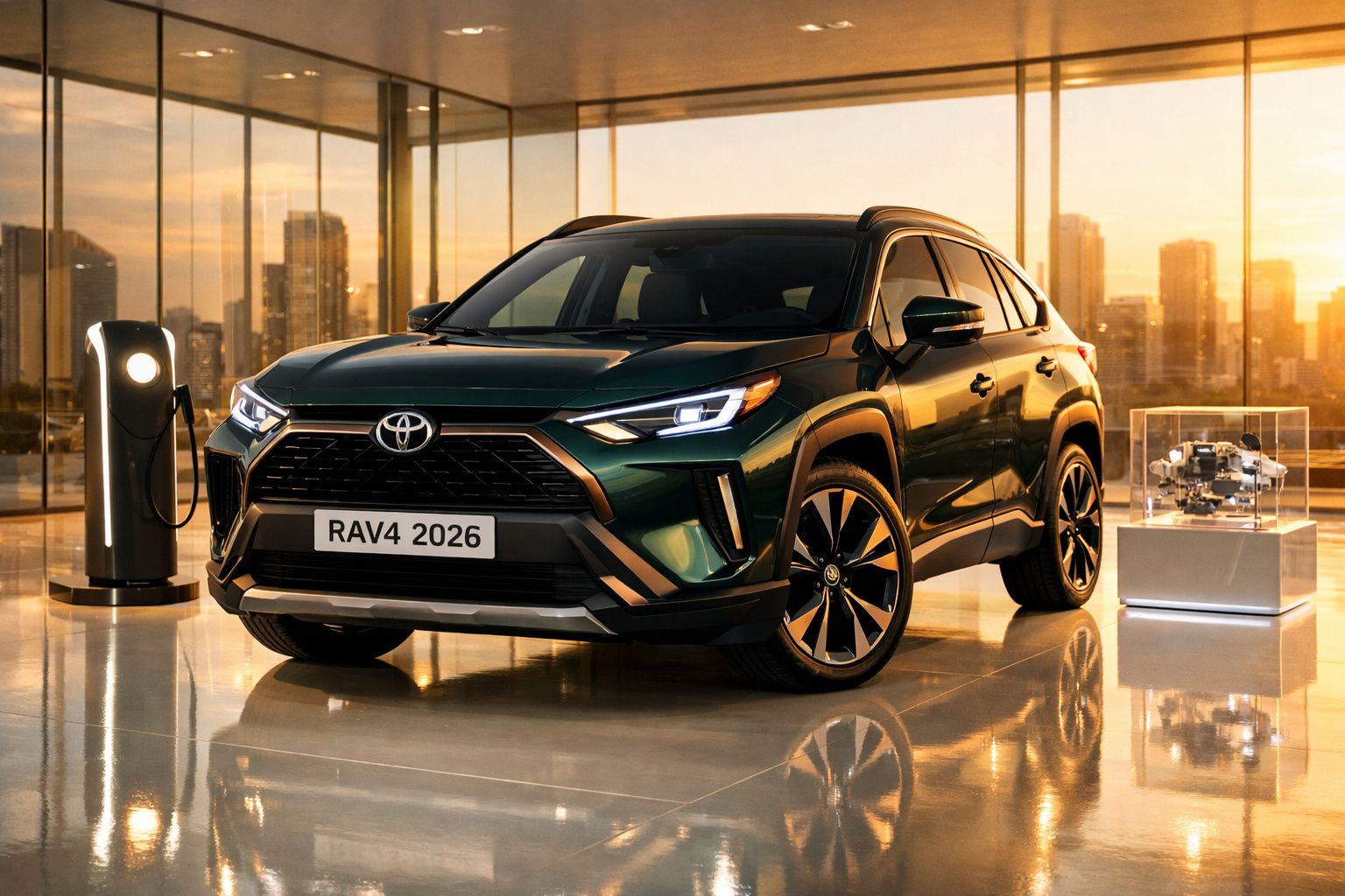 Toyota RAV4 2026 verde escuro estacionado em ambiente moderno com carregador elétrico ao lado.