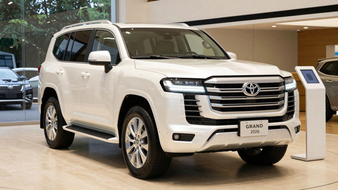 SUV branco Toyota Grand 2026 exposto em showroom moderno com piso claro e iluminação natural.