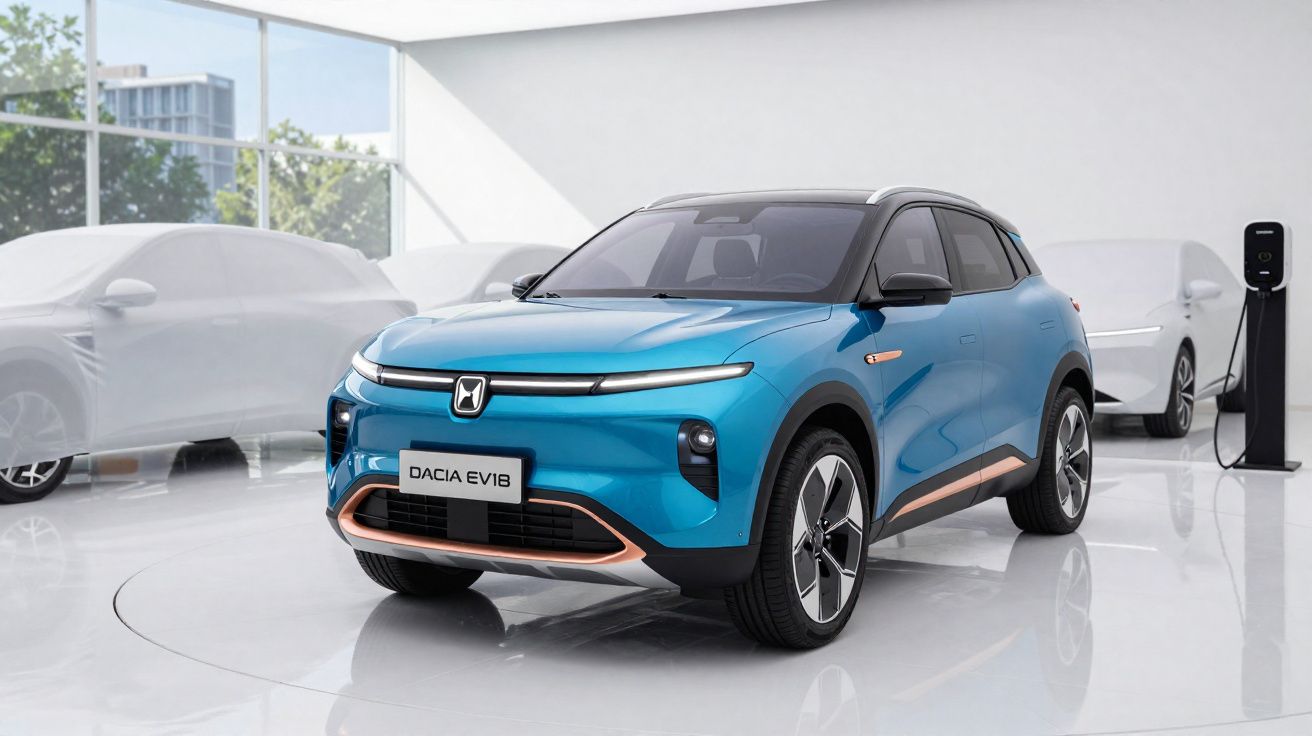 SUV elétrico azul Dacia EV1B em showroom moderno com carregador elétrico ao lado.