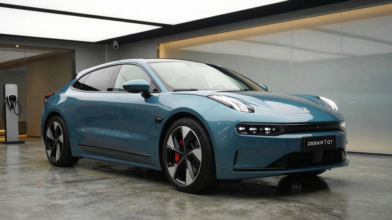 Carro elétrico azul Zeekr 7 GT estacionado em ambiente interno moderno com carregador ao fundo.