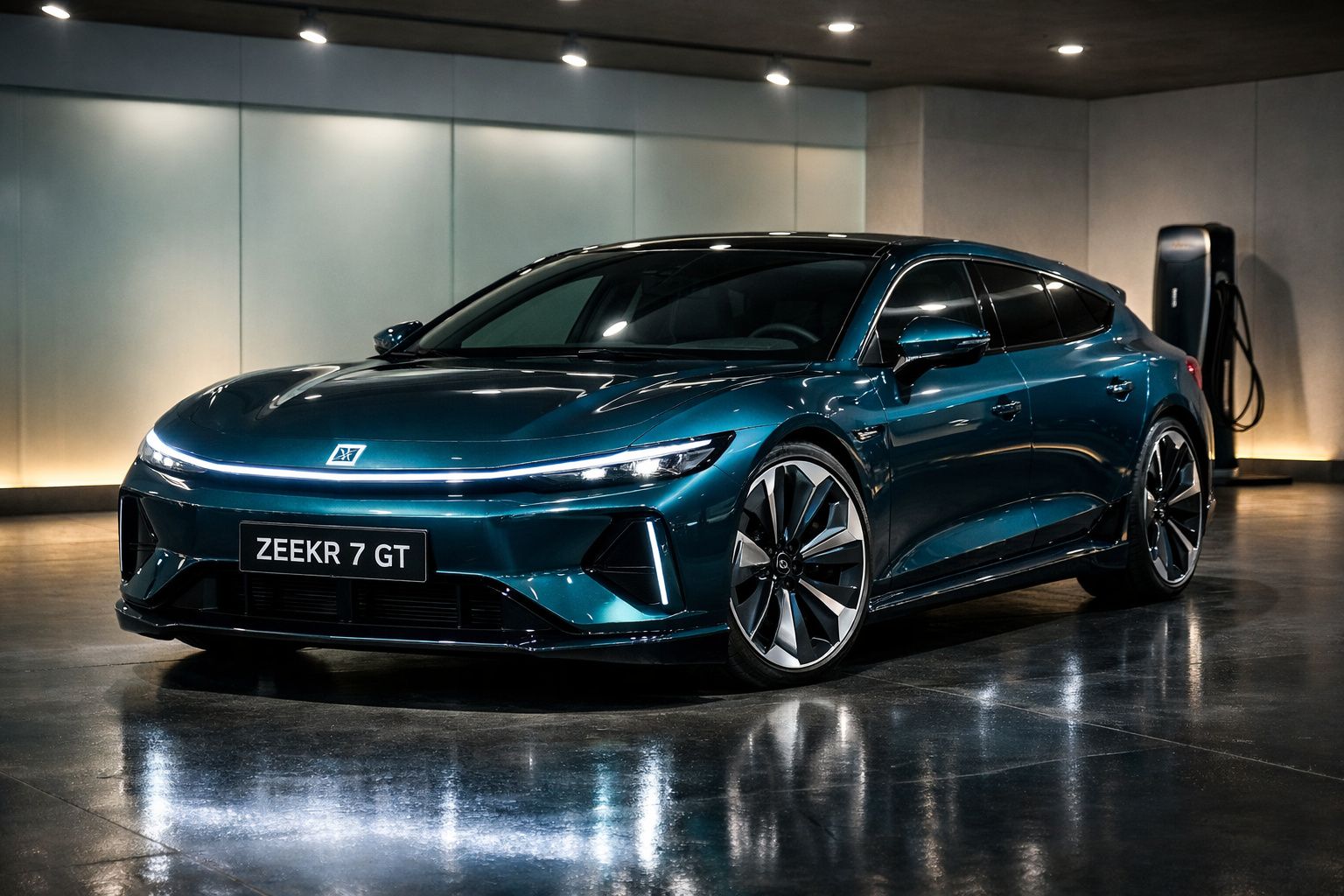 Carro elétrico esportivo Zeekr 7 GT azul estacionado em ambiente interno com carregador ao fundo.