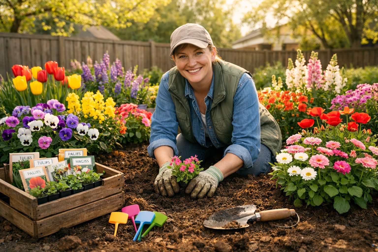 Mulher sorrindo plantando flores coloridas em jardim com ferramentas e sementes ao lado.