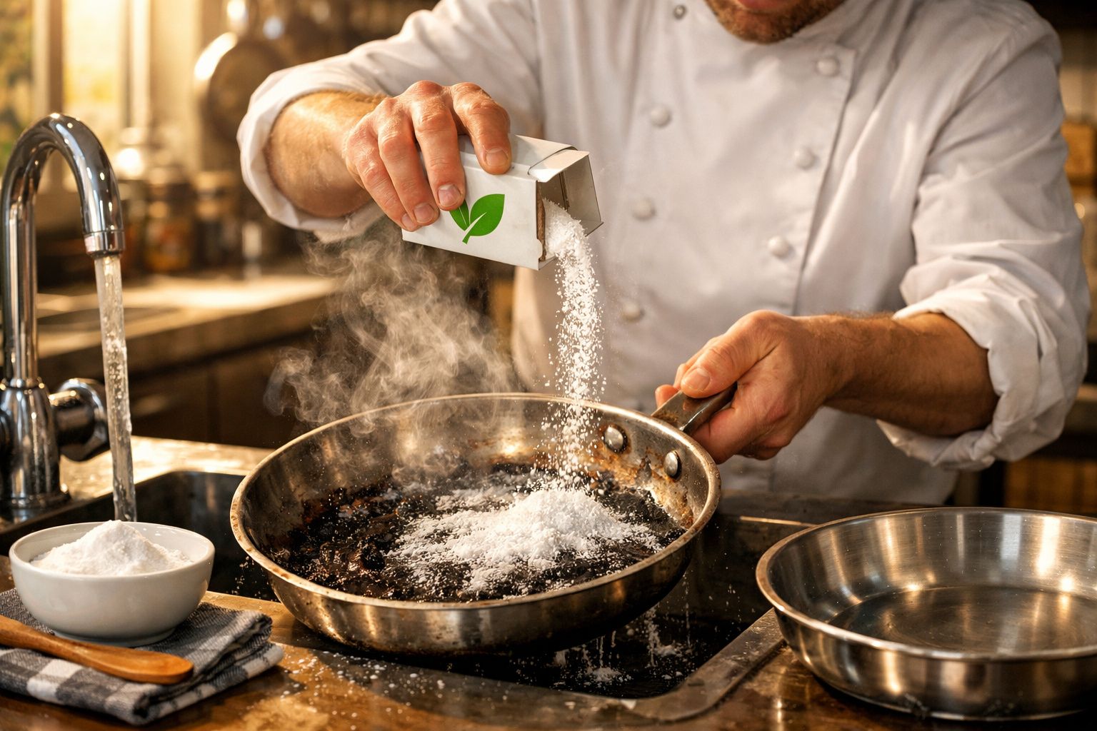 Mão de cozinheiro salpicando sal em frigideira quente com vapor em cozinha profissional.