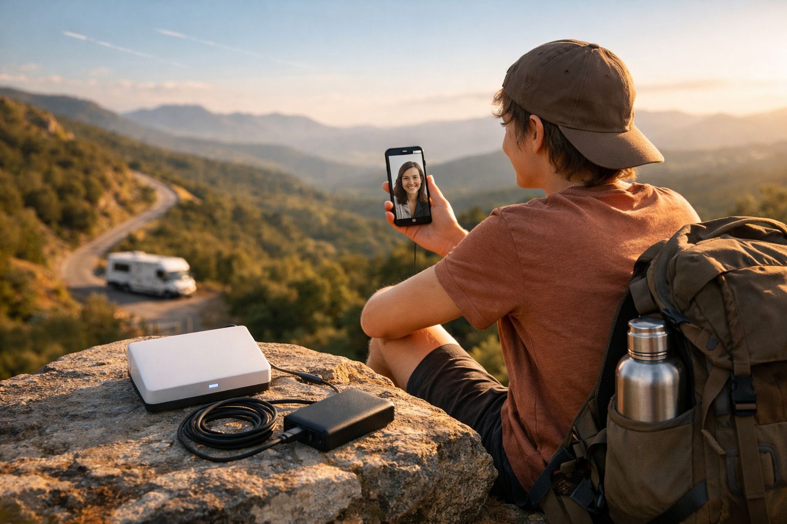 Jovem sentado em pedra faz videochamada no celular em paisagem montanhosa ao pôr do sol.