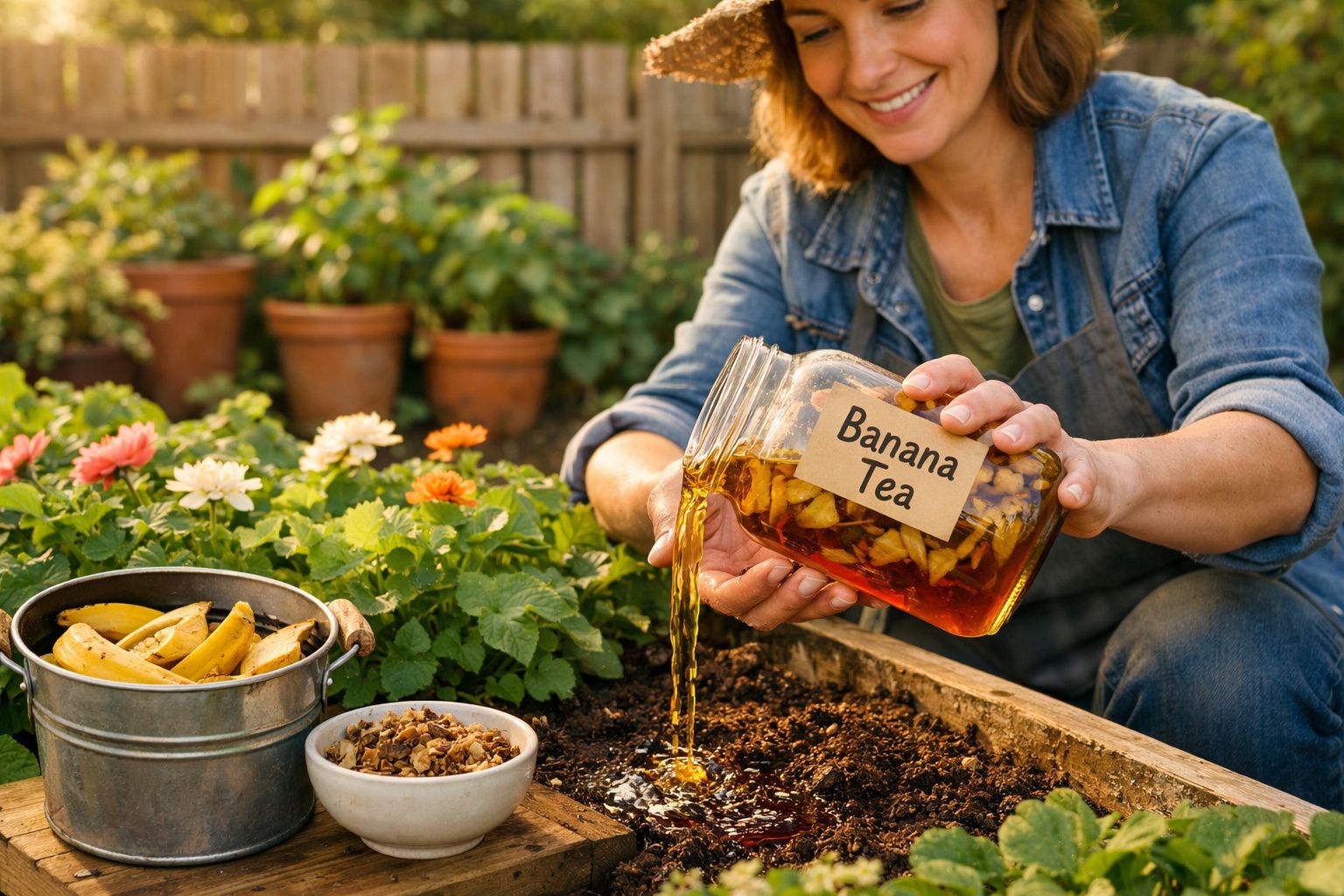 Mulher regando jardim com chá de banana natural em jarra, cercada de plantas e flores.