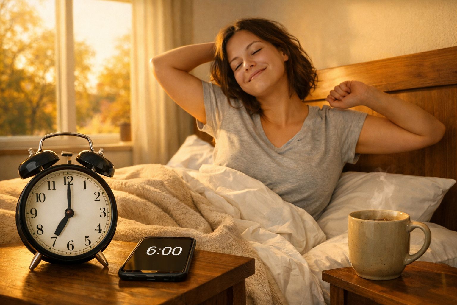 Mulher acordando na cama ao amanhecer, com relógio despertador e café na mesa ao lado.