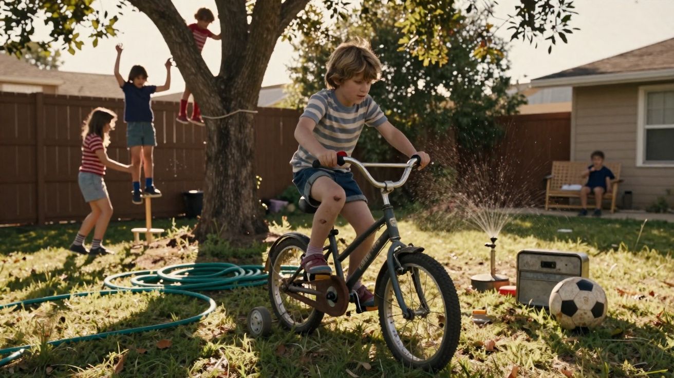 Criança andando de bicicleta com rodinhas no quintal enquanto outras brincam ao fundo.