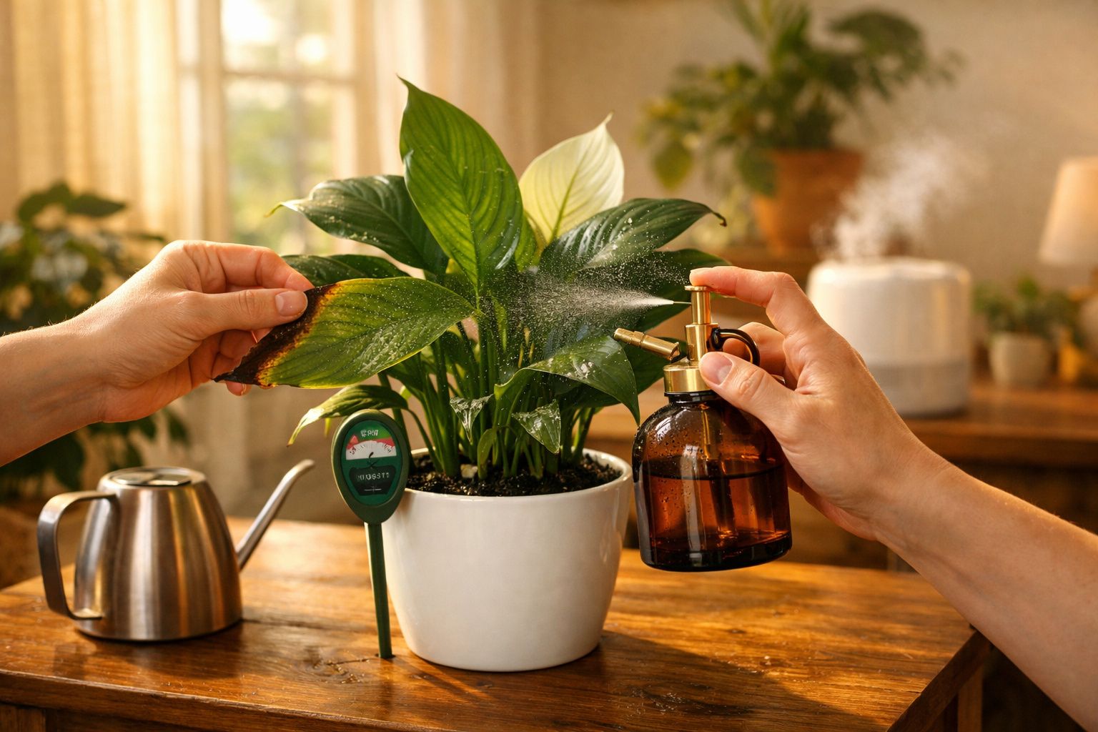 Pessoa borrifando água em planta verde com folha amarela em vaso branco sobre mesa de madeira.