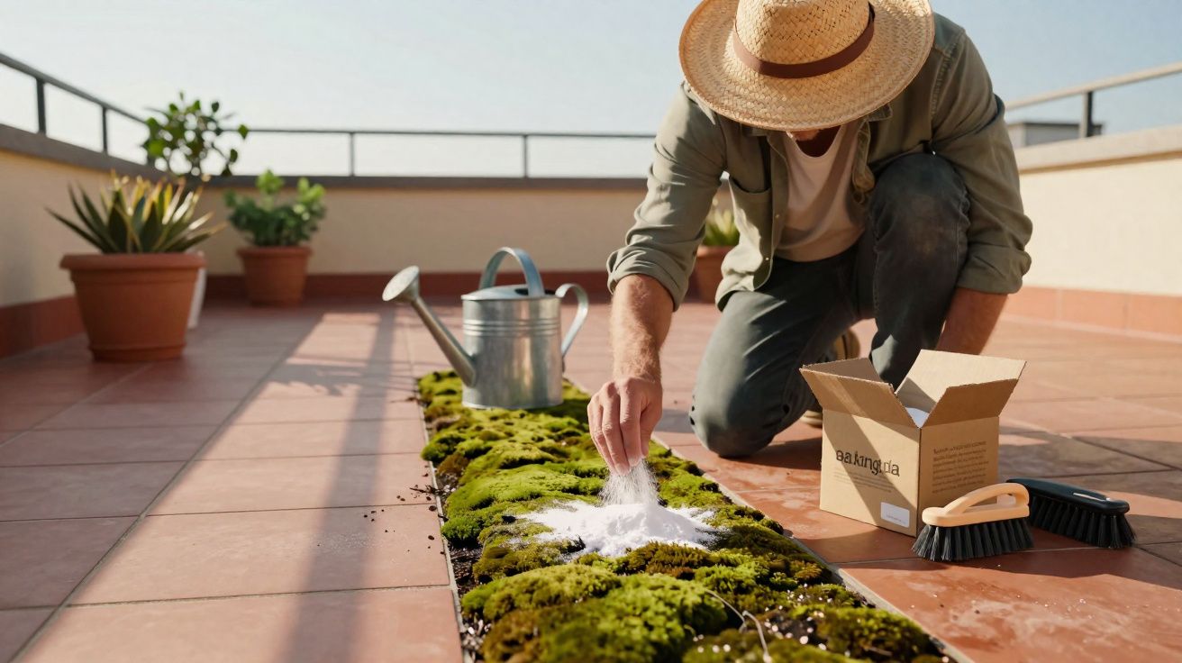 Homem com chapéu regando e cuidando de plantas de musgo em jardim de varanda ensolarada.