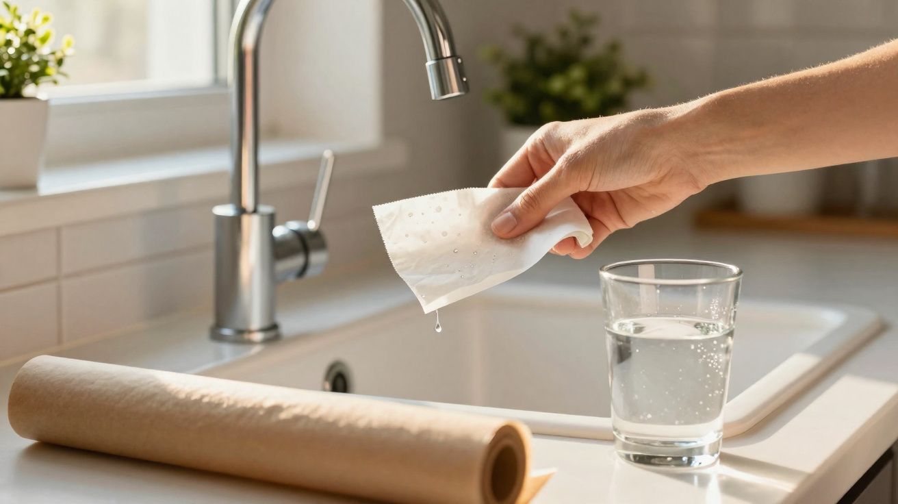 Mão segurando sachê úmido pingando água sobre copo transparente na pia da cozinha.