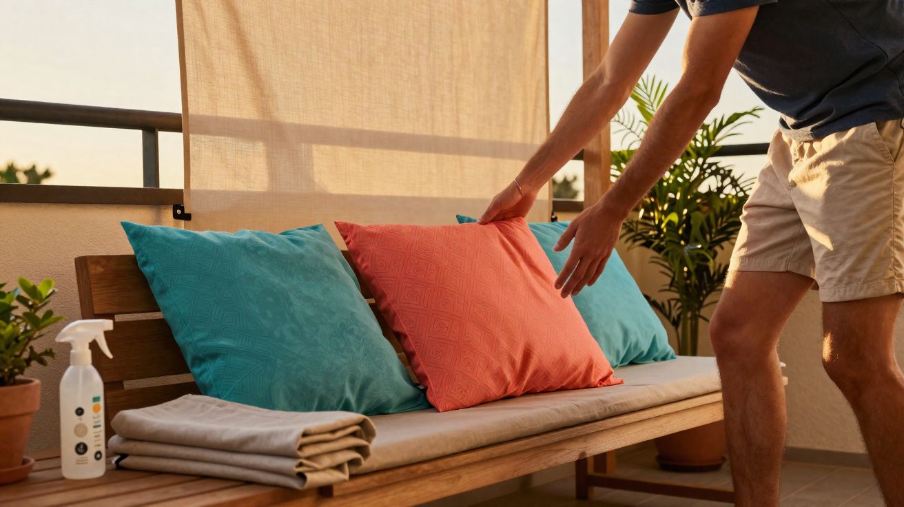 Pessoa ajusta almofada vermelha em banco de madeira com almofadas azuis em varanda ao pôr do sol.