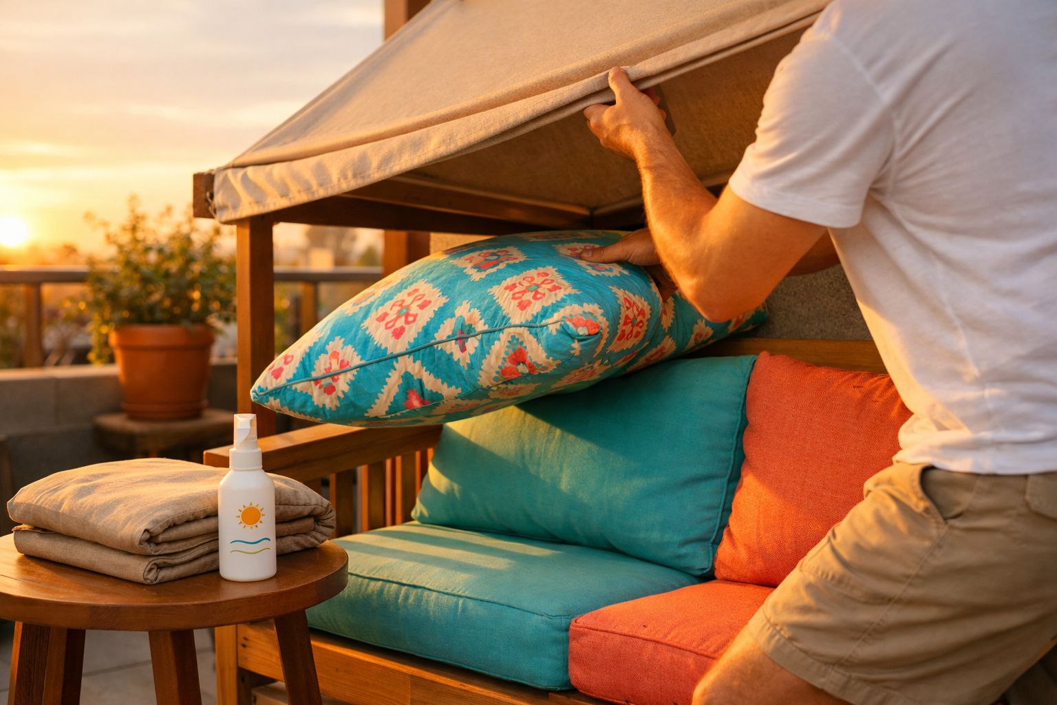Pessoa ajusta almofada colorida em sofá de varanda ao pôr do sol, ao lado de toalhas e protetor solar.