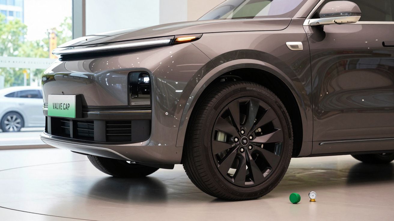 Detalhe frontal e roda de carro cinza escuro em exposição interna, com tampa e manômetro no chão.