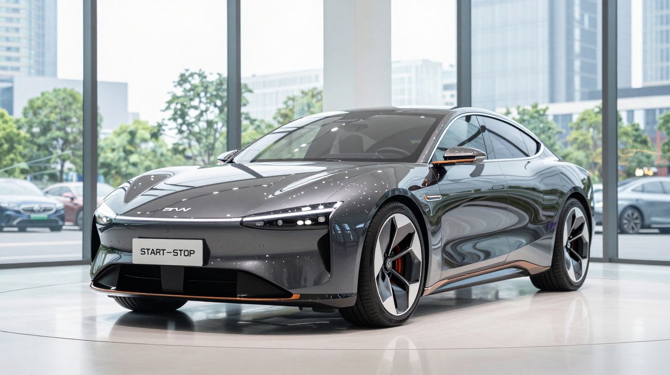 Carro elétrico esportivo cinza escuro com design moderno exibido em showroom com grandes janelas.