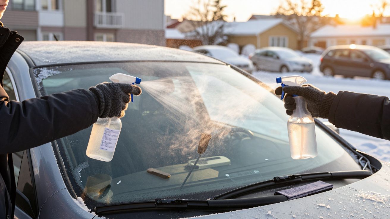 Duas pessoas com luvas pulverizam produto de limpeza no para-brisa congelado de um carro ao ar livre.