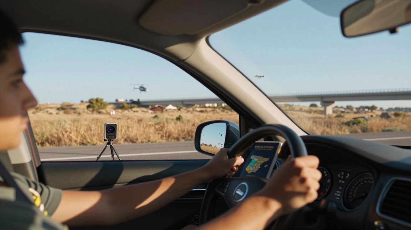 Pessoa dirigindo carro com câmera na janela e drones voando em campo aberto ao fundo.