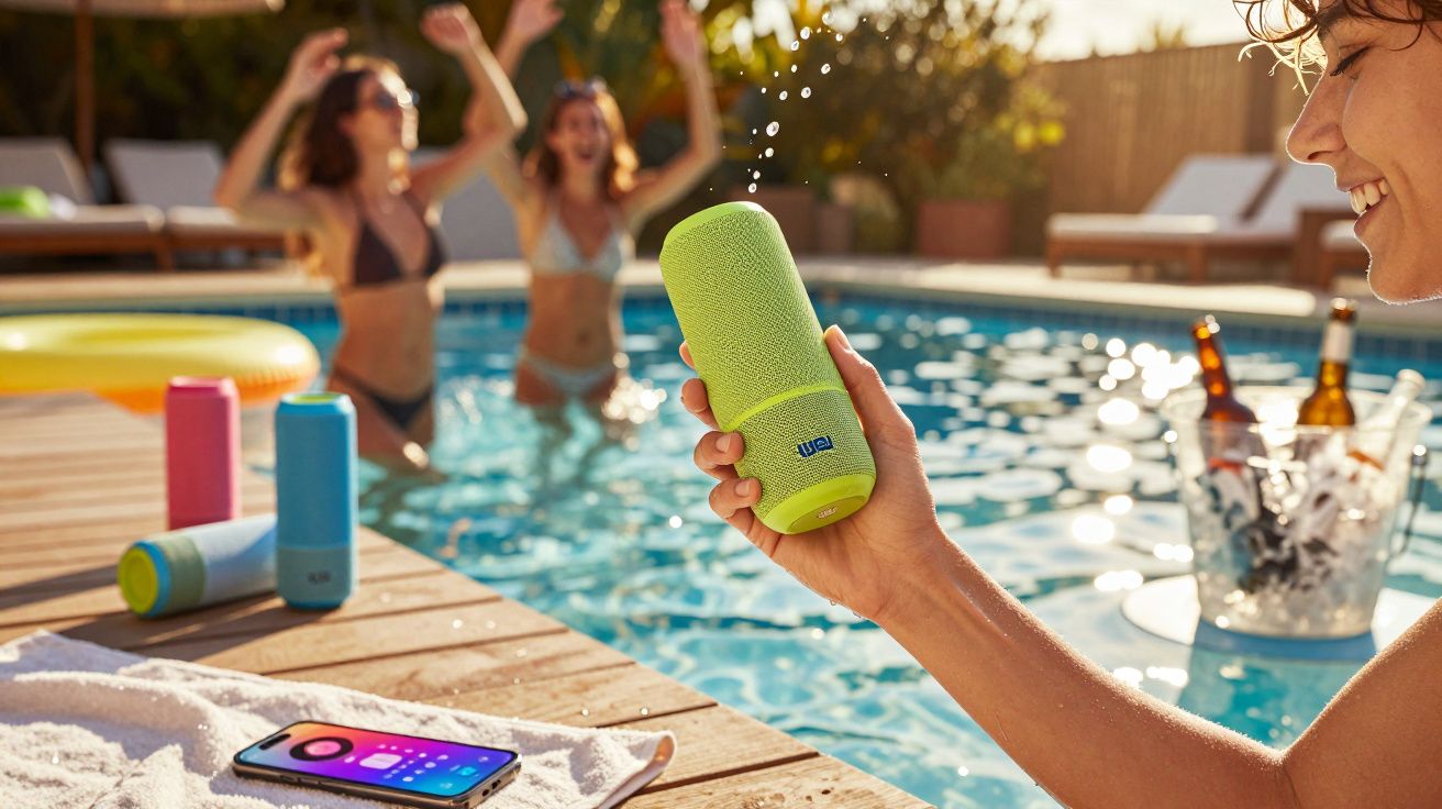 Pessoa segurando caixa de som à prova d'água perto de piscina com outras pessoas ao fundo se divertindo.