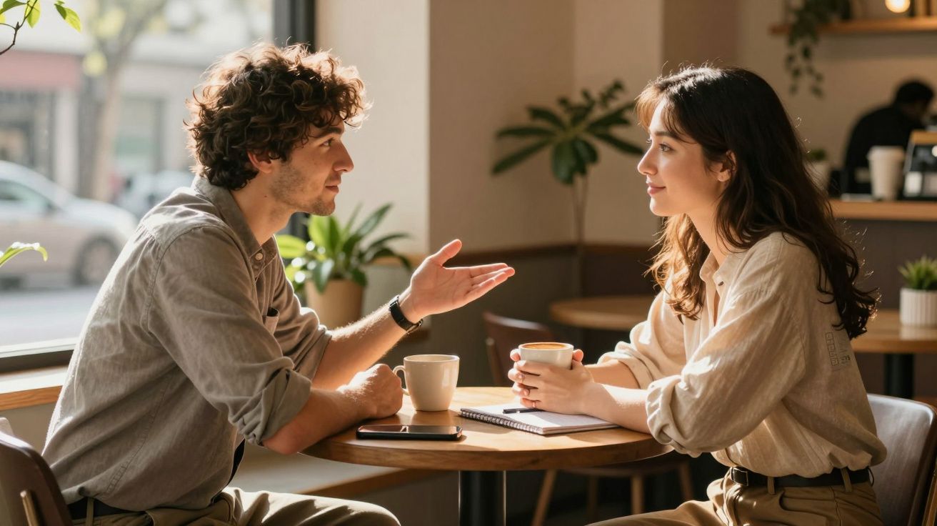 Homem e mulher conversam sentados frente a frente em mesa de café com xícaras e caderno.
