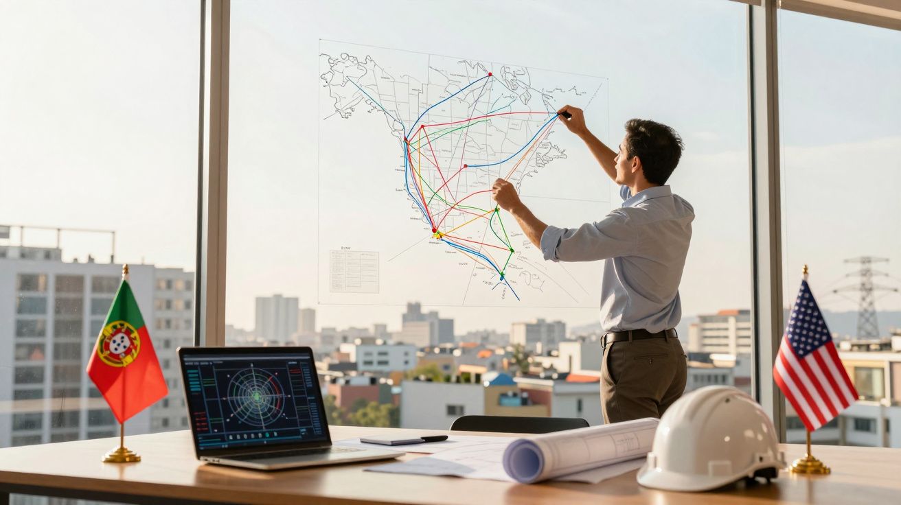 Homem analisando mapa de rotas com linhas coloridas em janela, escritório com bandeiras e laptop.