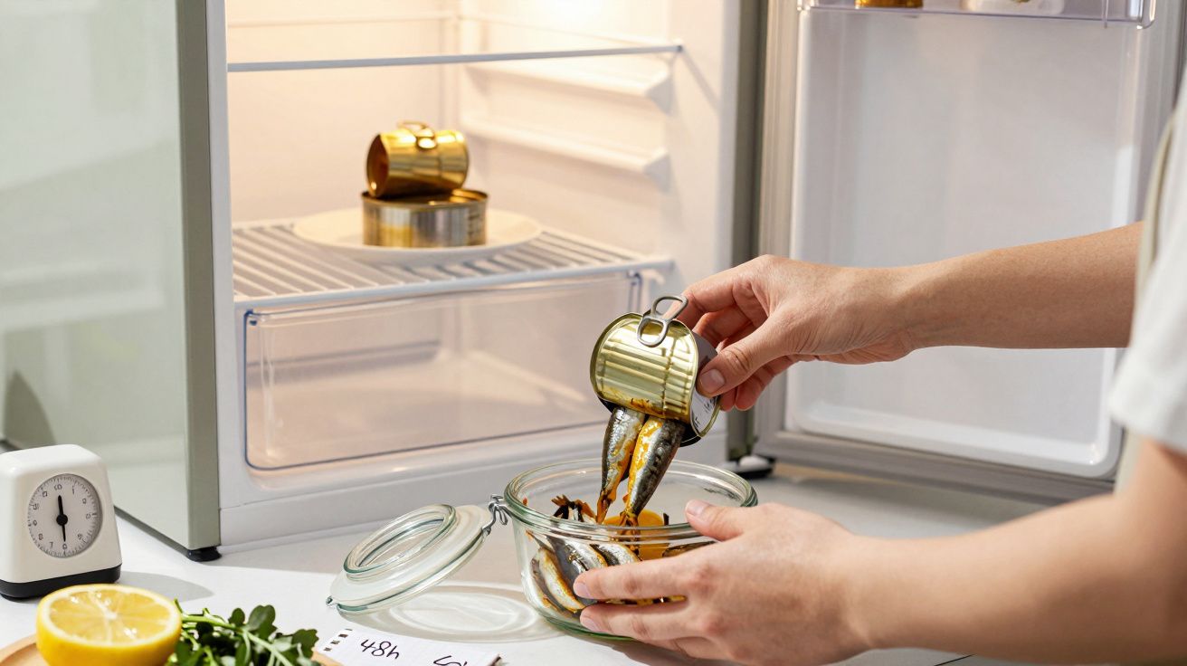 Pessoa abrindo lata de sardinha e colocando em recipiente de vidro perto de geladeira branca aberta.