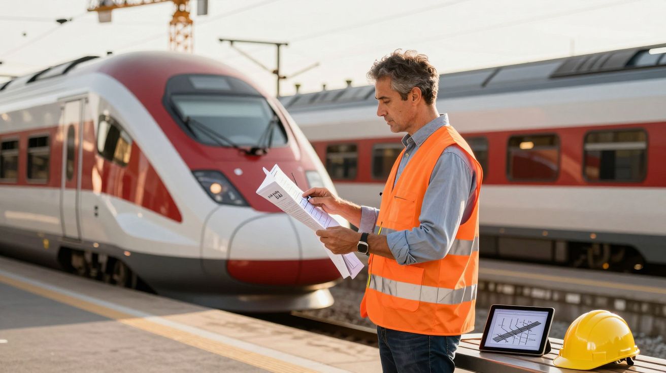 Homem com colete laranja revisa documentos na plataforma de estação ferroviária com trens ao fundo.