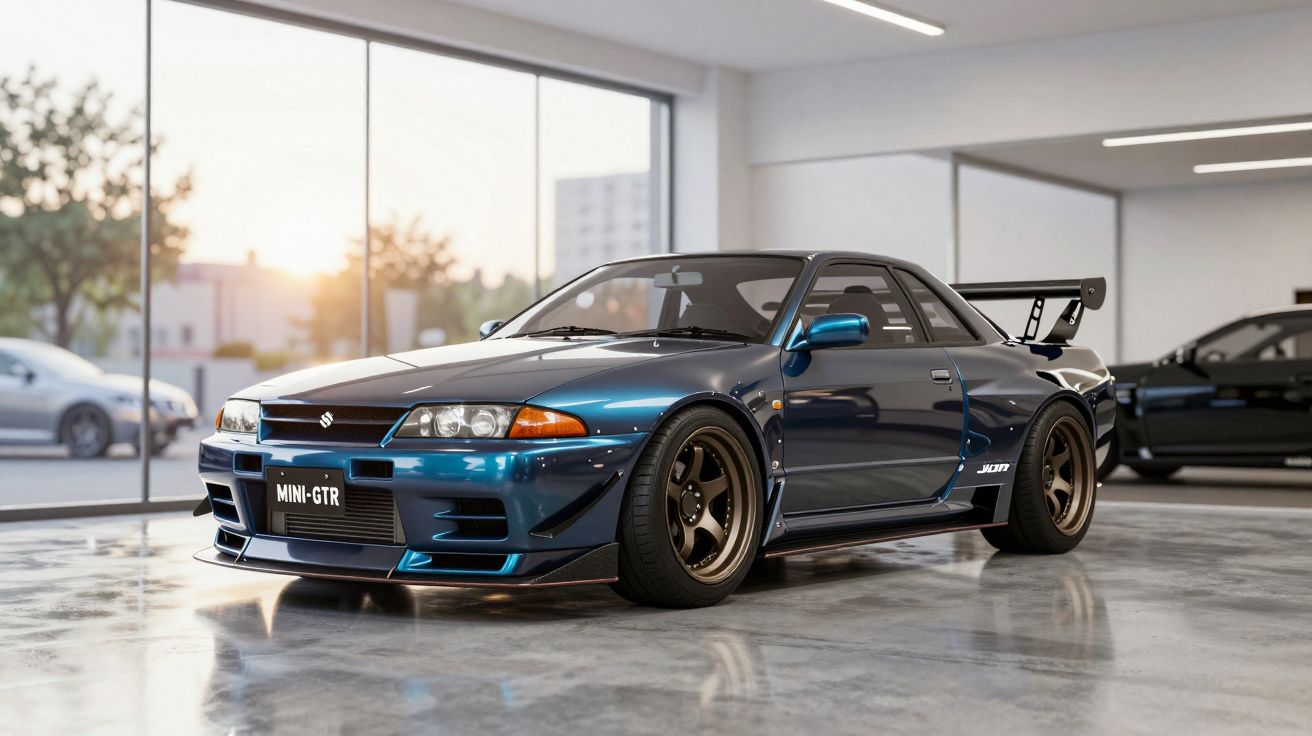 Carro esportivo azul metálico Nissan Skyline R32 com aerofólio grande, estacionado em garagem iluminada.