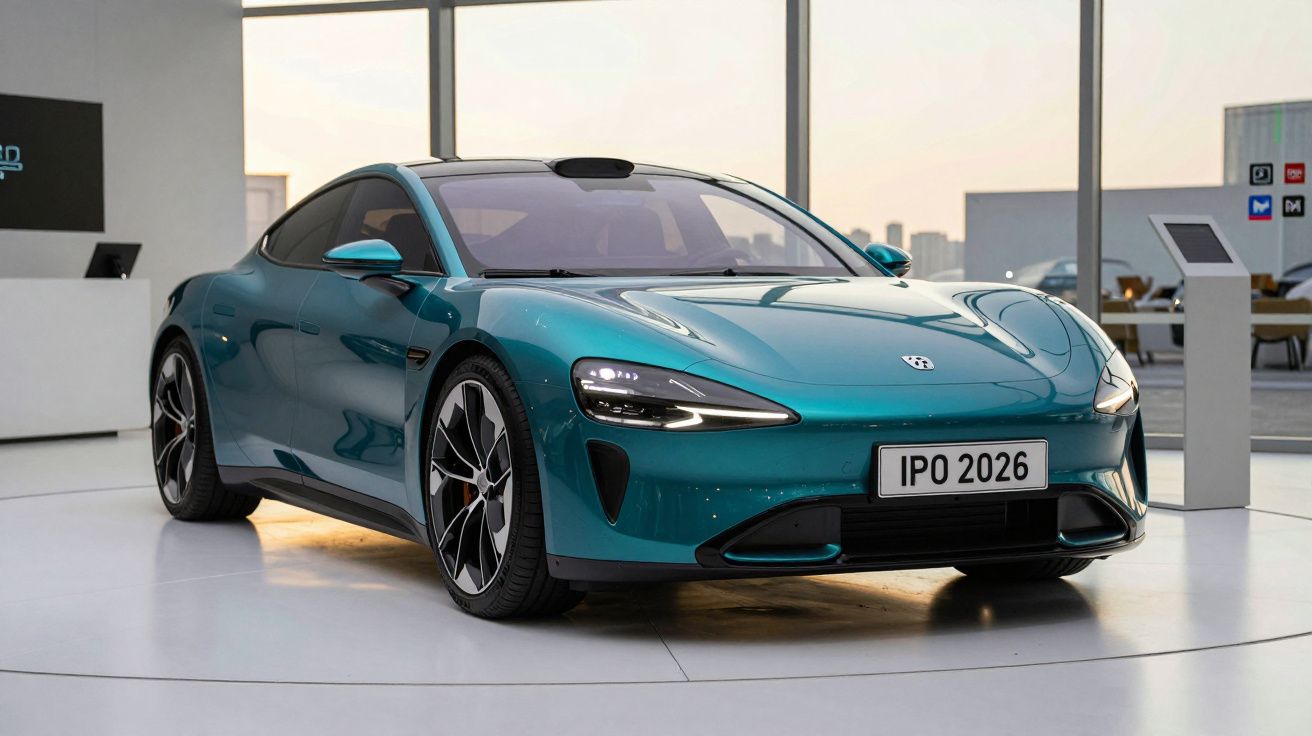 Carro esportivo elétrico azul exibido em ambiente interno com luz natural suave ao fundo.