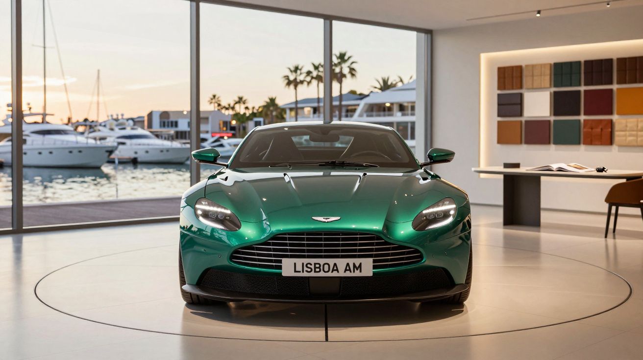 Carro esportivo verde Aston Martin exibido em showroom com grandes janelas e vista para marina com iates.