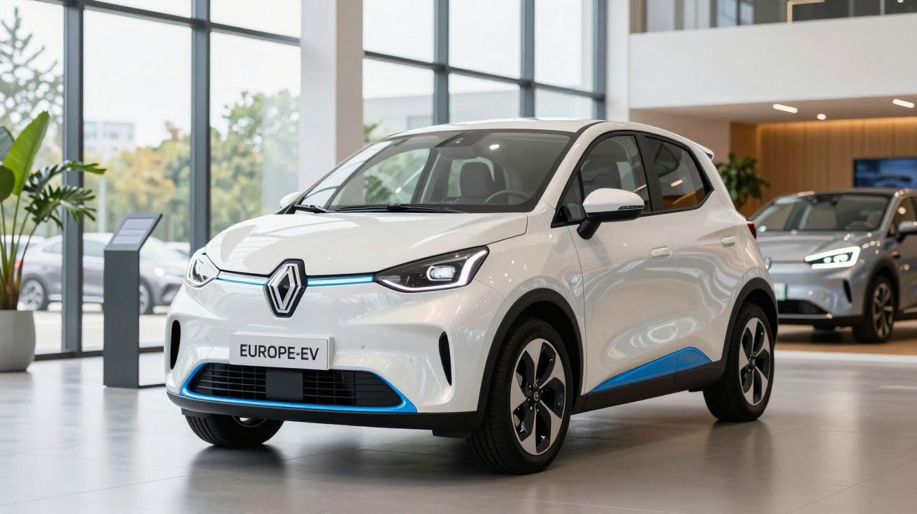 Carro elétrico branco Renault Europe-EV exibido em showroom moderno com grandes janelas.