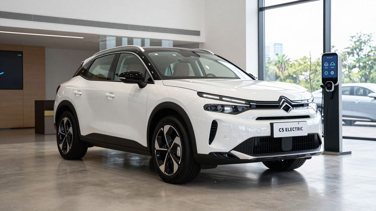 Carro elétrico branco Citroën C5 Electric estacionado em showroom próximo a estação de recarga.