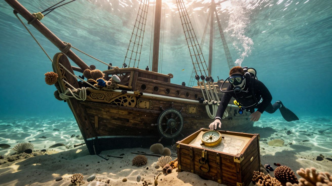 Mergulhador explorando naufrágio de navio de madeira com baú e bússola no fundo do mar.