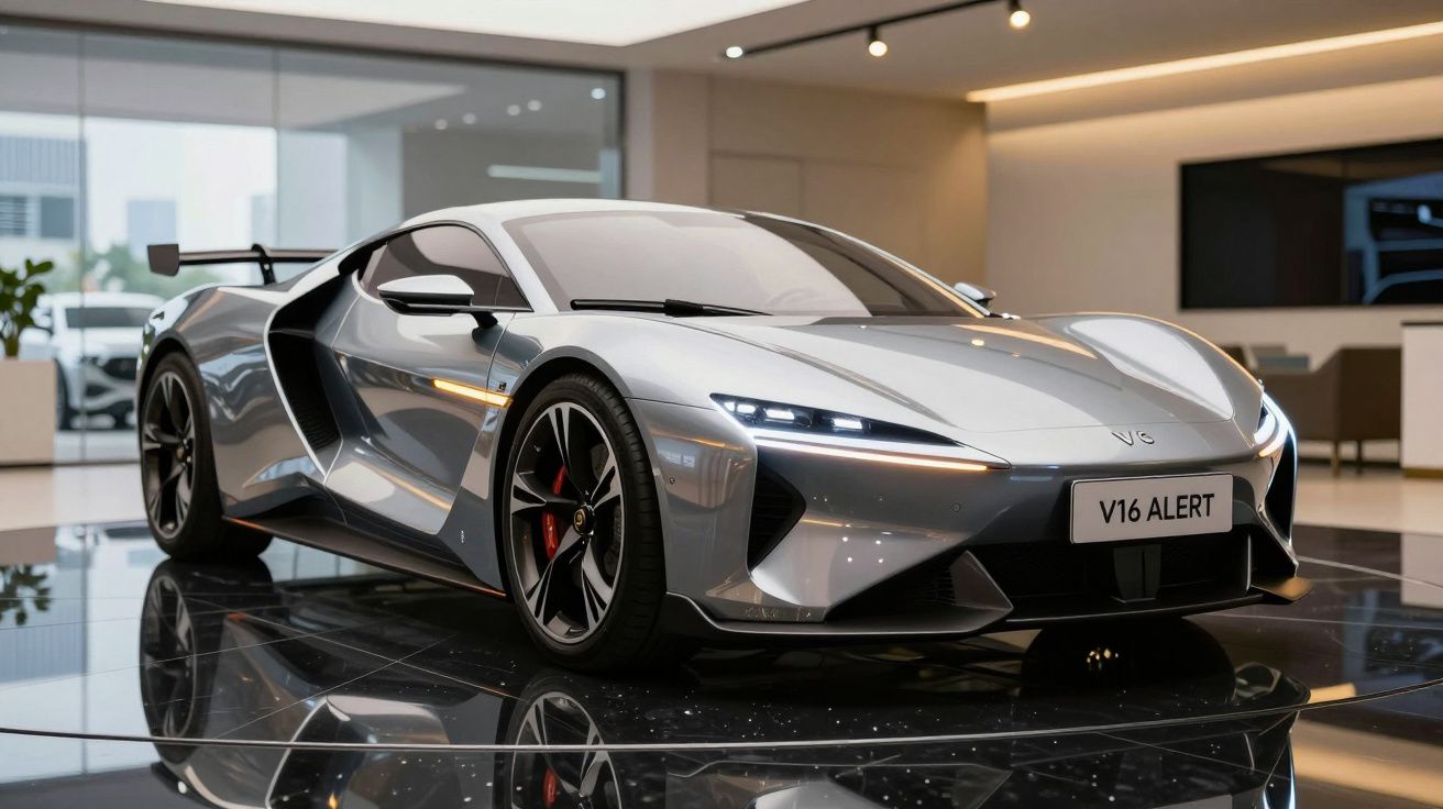 Carro esportivo prata estacionado em showroom moderno com teto iluminado e piso refletivo.