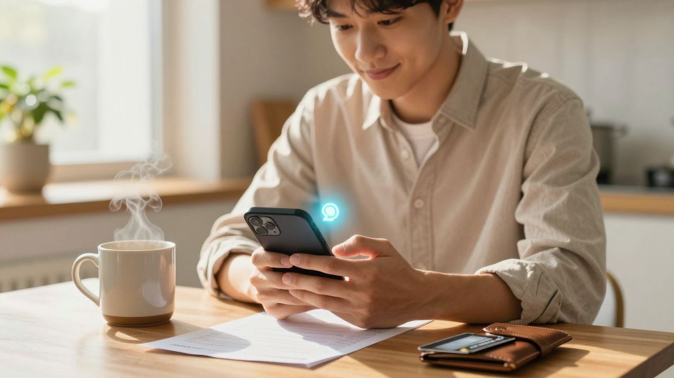 Homem sorridente usando smartphone em mesa com xícara de café e carteira ao lado.