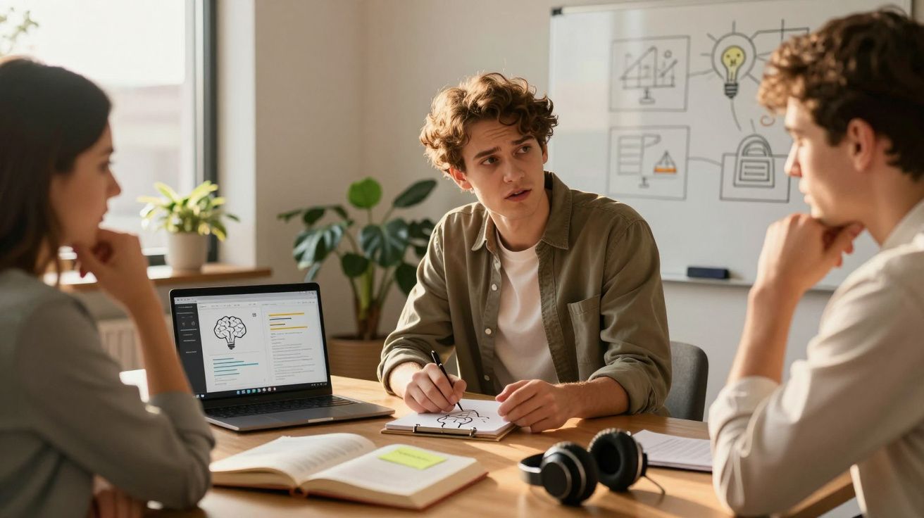 Jovens discutindo ideias em reunião com notebook, cadernos e quadros de planejamento ao fundo.