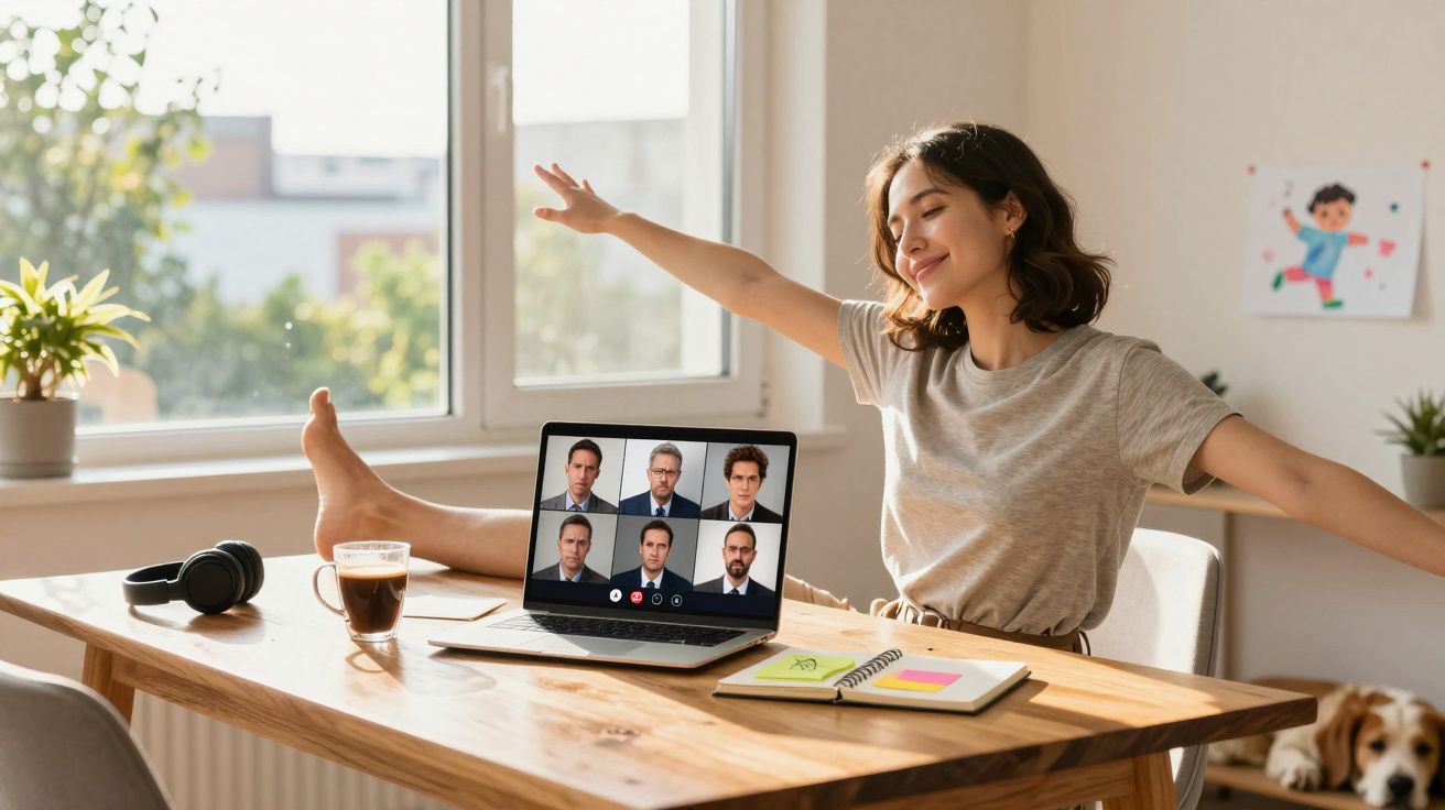 Mulher relaxa esticando os braços enquanto participa de reunião virtual em home office com laptop na mesa.