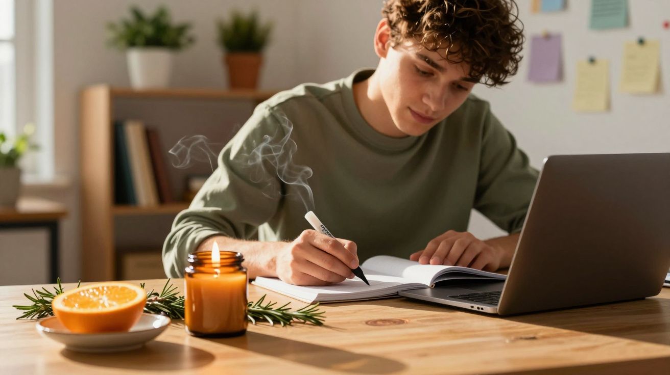 Jovem escrevendo em caderno com laptop aberto, vela acesa e laranja fatiada sobre mesa de madeira.