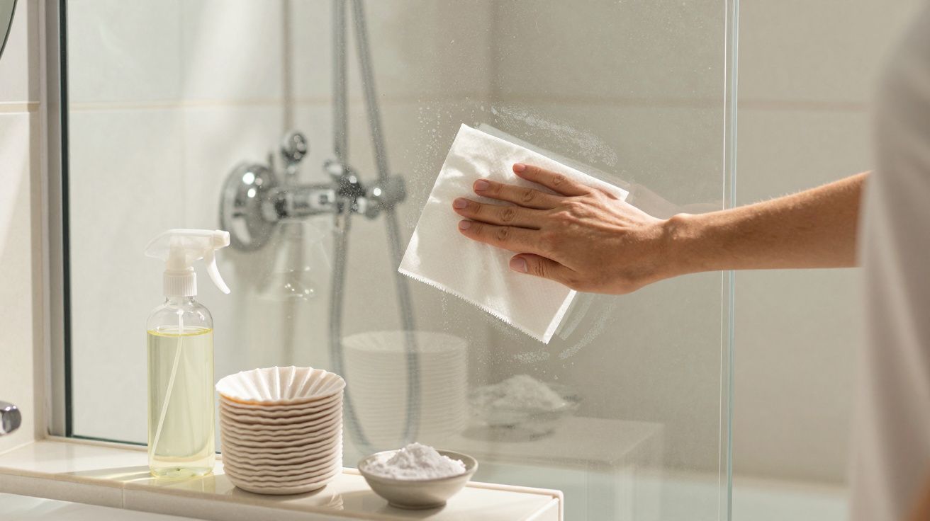 Mão limpando vidro de box com pano branco ao lado de spray e produtos de limpeza.