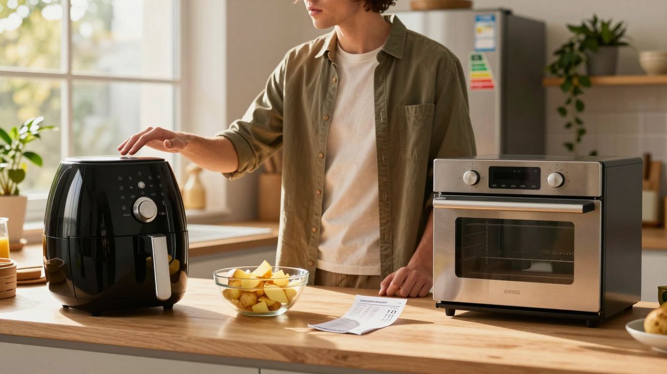 Pessoa usando fritadeira elétrica em cozinha moderna, com forno elétrico e tigela de batatas cortadas na bancada.
