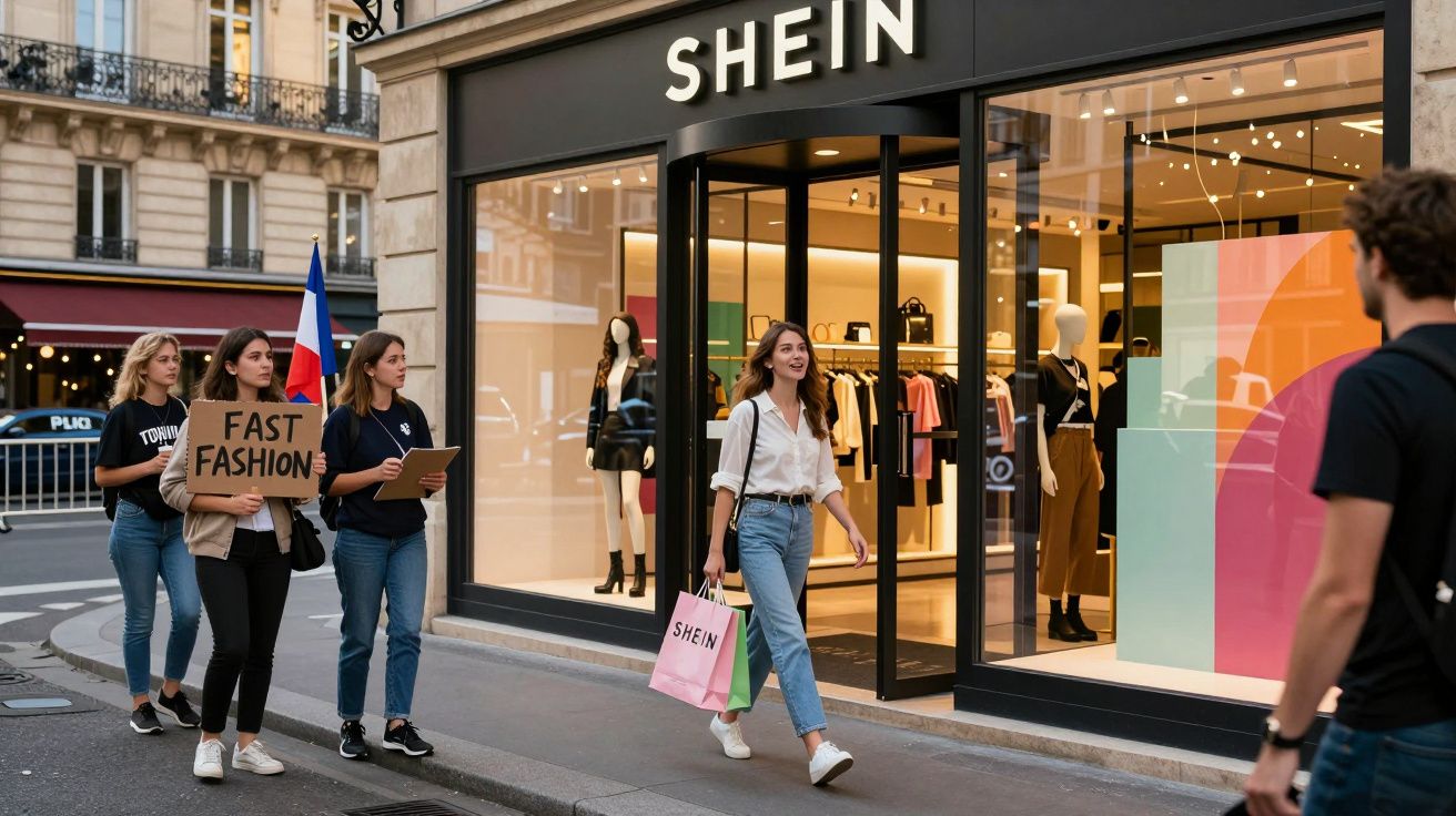 Mulher com sacolas de compras saindo da loja Shein enquanto grupo com placas protesta contra fast fashion.