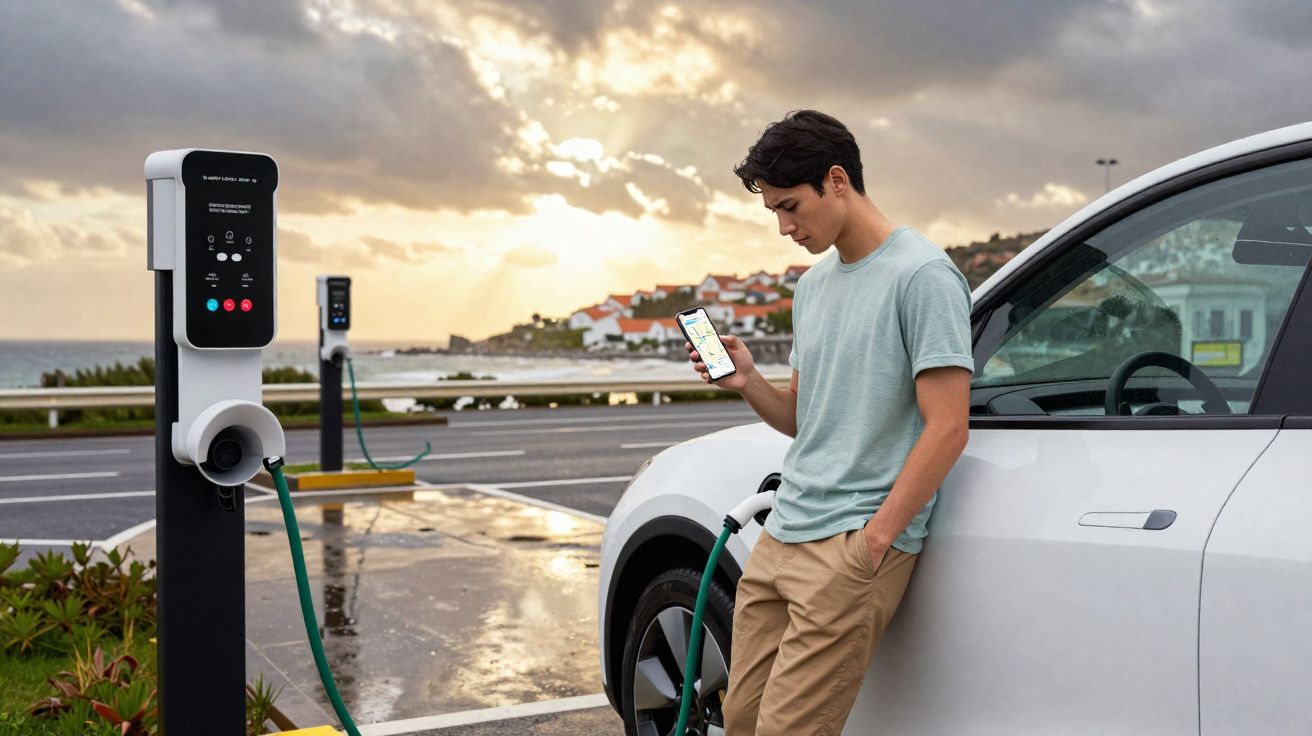 Jovem carregando carro elétrico em estação à beira-mar enquanto usa smartphone ao pôr do sol.