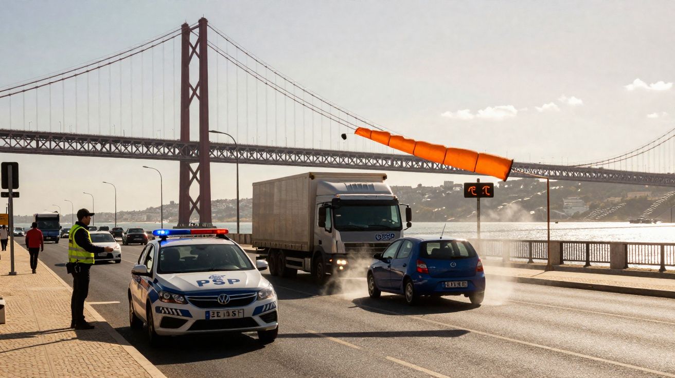 Policial de trânsito fiscaliza veículos em estrada próxima a ponte suspensa e rio ao fundo em dia ensolarado.