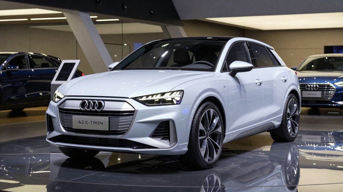 Carro Audi A2 E-Tron branco exposto em salão de automóveis com iluminação moderna.