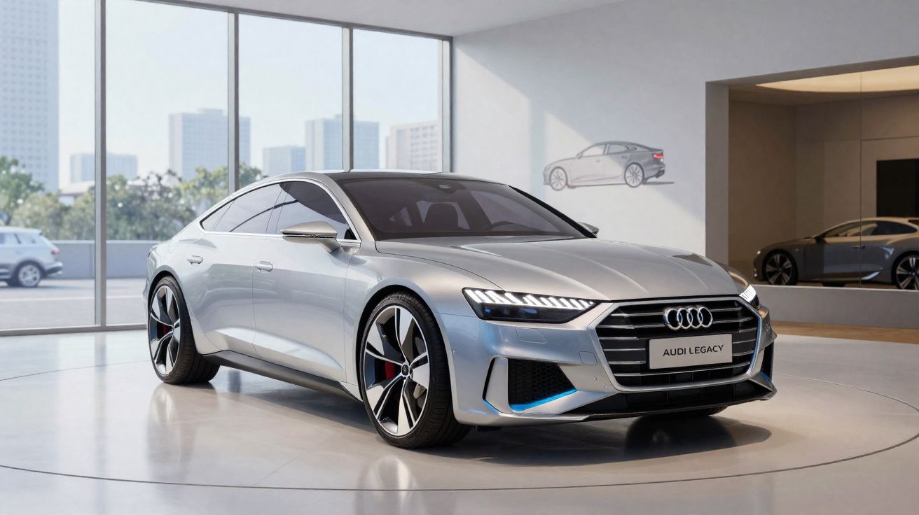 Carro prata Audi Legacy exibido em showroom moderno com janelas grandes e reflexo na parede.
