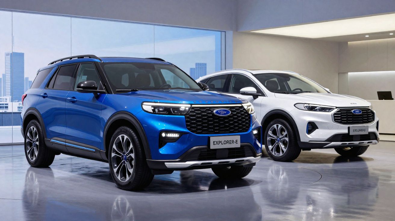 Dois SUVs Ford elétricos expostos em ambiente interno moderno, um azul e outro branco, com vista urbana ao fundo.