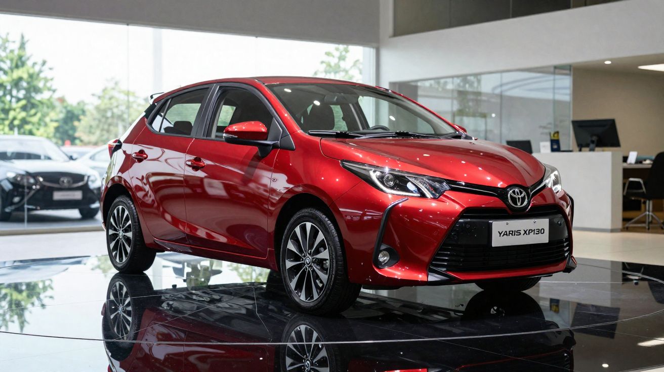 Carro hatchback vermelho Toyota Yaris XP130 exibido em showroom com piso preto brilhante e decoração moderna.