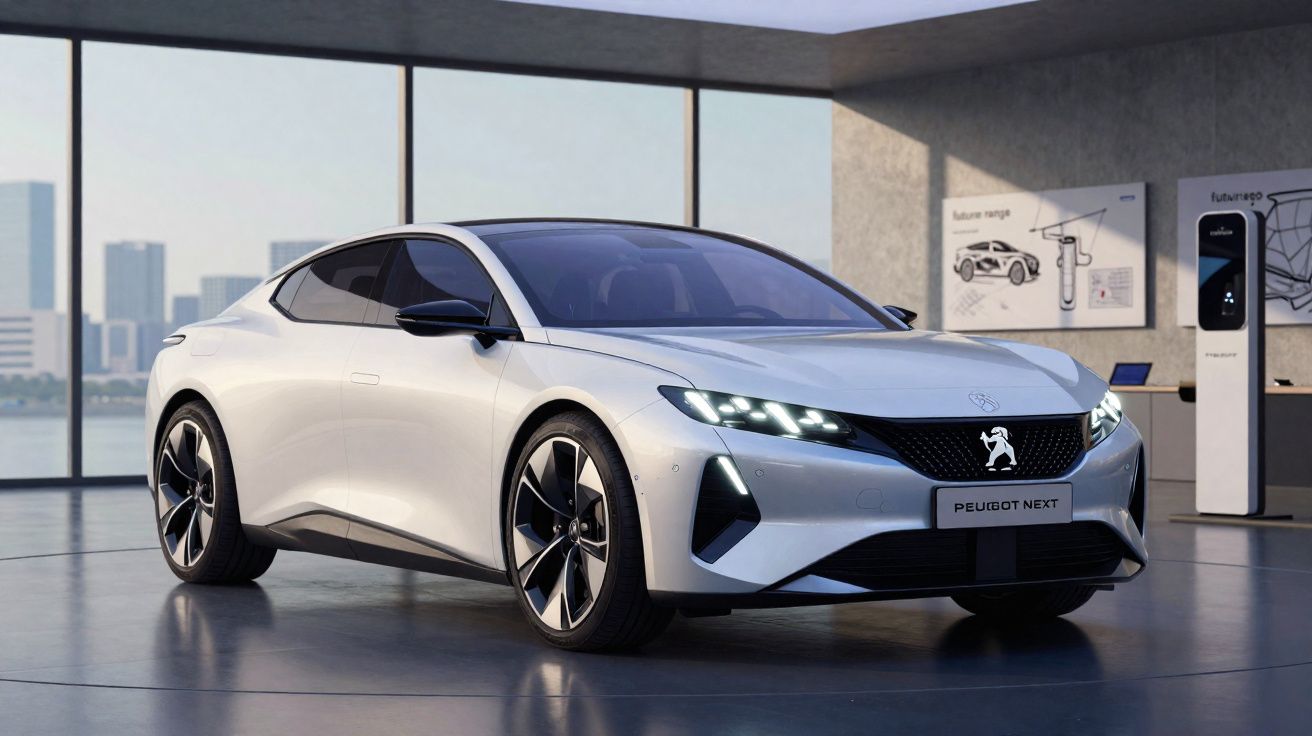 Carro elétrico Peugeot Next branco em showroom moderno com vidros grandes e painel de carregamento ao fundo.