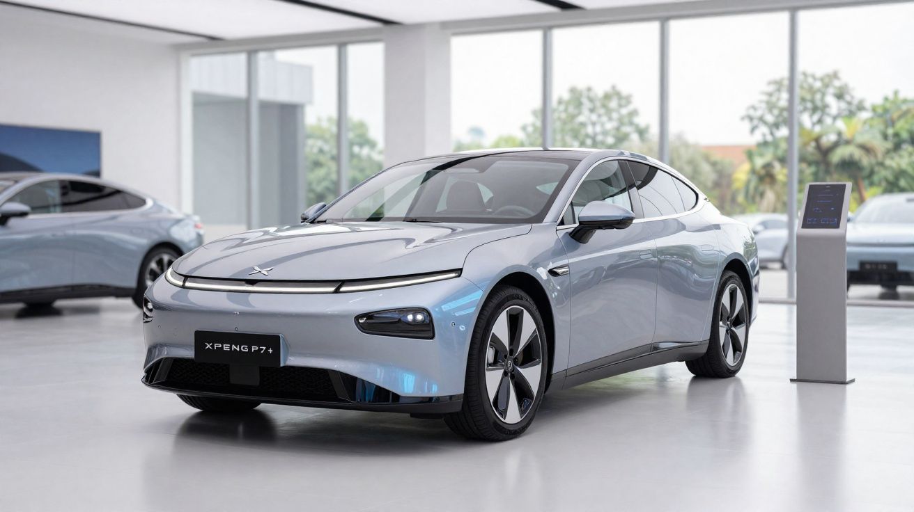 Carro elétrico cinza XPeng P7+ em showroom moderno com janelas grandes e luz natural.