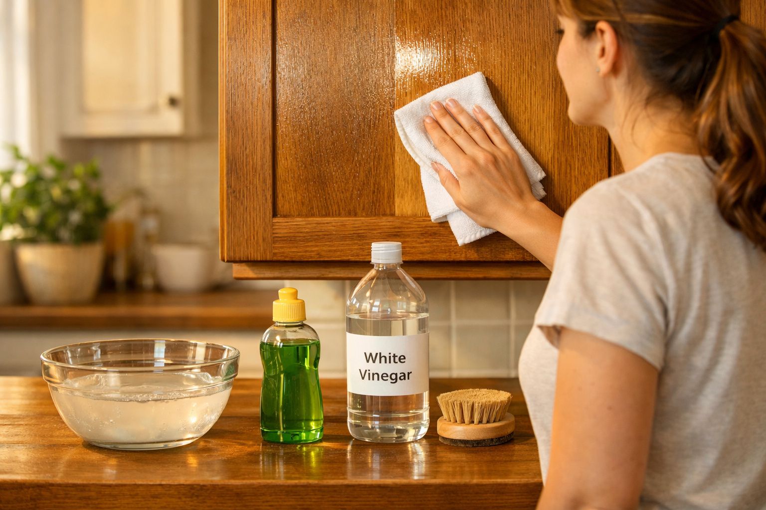 Mulher limpando armário de madeira com pano, com vinagre branco, detergente e escova sobre bancada.
